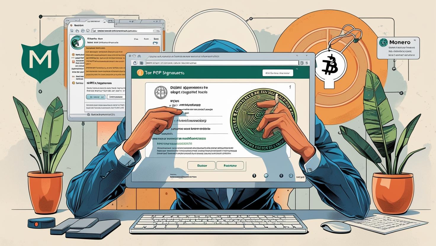 A high-resolution photo of a person in a dark hoodie using a laptop with a PGP key window open, Tor browser visible, and a Monero coin on the desk, all illuminated by a single desk lamp, symbolizing privacy and security.